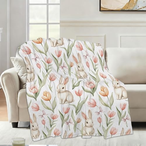 Cute Rabbit Easter Sofa Throw Blankets,Pink Tulip Flower Soft Cozy Fuzzy Lightweight Travel Blanket,Flannel Fleece Fall Throw Blanket for Couch,Bed,Camping,Movie Nights,Watching TV 60 X 80 Inch