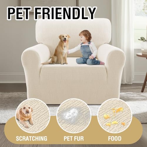 H.VERSAILTEX Jacquard Sofa Slipcover with Waterproof Seat Furniture Protector 1 Piece Stretch Sofa Covers with Elastic Bottom for Kids, Pets, Dog(Armchair, Ivory)