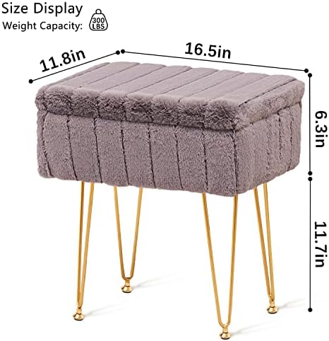 Wimarsbon Faux Mink Fur Storage Ottoman, Modern Soft Footstool, Storage Bench with Metal Legs, Vanity Seat, Fur Stool, Ottoman Coffee Table, Makeup Chair, Vanity Stools for Bedroom (Grey)