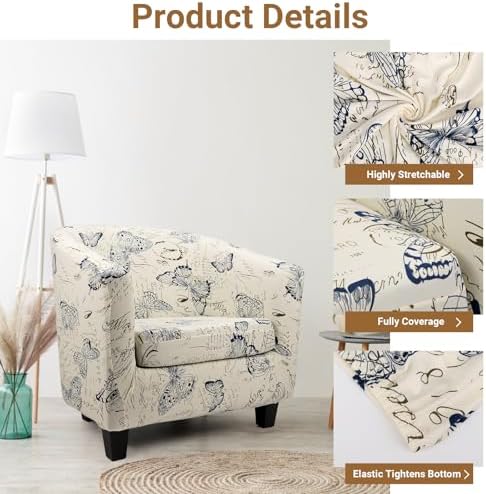 Club Chair Slipcover, 2 Pack Thick Beige/Blue Round Soft Armchair Sofa Cover, Stretch Barrel Chair Slipcovers Removable Couch Furniture Protector for Bar Living Room Bedroom Hotel Counter