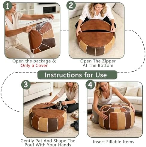 Thgonwid Unstuffed Moroccan Storage Pouf Foot Stool Ottoman Seat Handmade Faux Leather Bean Bag Floor Chair Foot Rest for Living Room, Bedroom or Balcony (Multi Color)