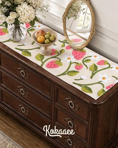 Canvas Embroidered Narrow 13"x 36" Table Runner, Pink Strawberry
