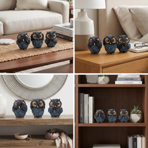 3 Wise Owl Statues Set for Bird Lovers Sapphire Blue Shelf Decor