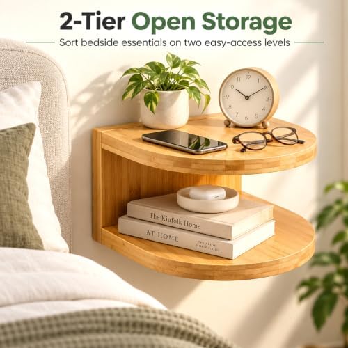 Bamboo Floating Wall Mounted Nightstand Wall Storage Shelf (1, Nature)