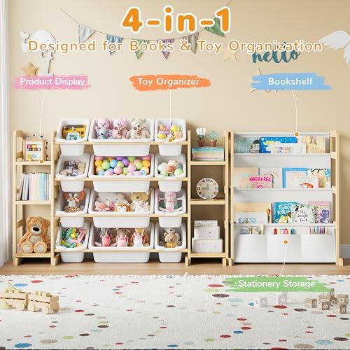 Toy Storage Organizer 12 Bins, 6 Shelves and Bookshelf for Kids, 4-in-1 Toy Organizers and Storage, Toy Book Storage for Kids, Kids Storage Organizer for Playroom, Bedroom, Nursery (Wood-Bookshelf)