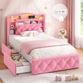 DICTAC Twin Size Bed Frame for Girls with Storage Drawers, Bookcase Headboard, LED Lights and Power Outlets, Diamond Tufted Velvet Upholstered Princess Platform Bed, Heavy-Duty Metal Support, Pink