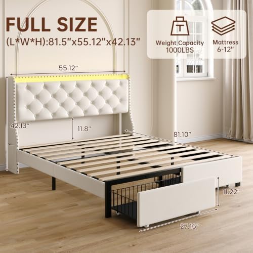 Full Size Upholstered Bed Frame with Headboard & 2 Drawers, Beige
