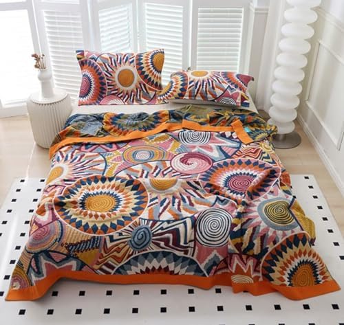 Boho Throw Blanket for Bed 100% Cotton Bohemian Blankets Ultra Soft Woven Muslin Decorative Blankets All Seasons Vintage Quilt Knitted Blanket for Sofa Chair (Colorful, 60"x80")