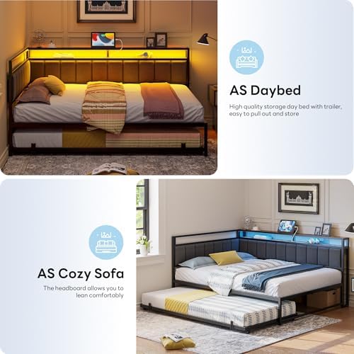 LIKIMIO Full Daybed with Trundle, Charging Station & LED, Black