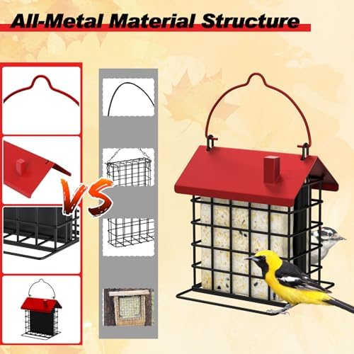Gbekery All-Metal Double Suet Bird Feeder for Outdoors Hanging, Red Roof