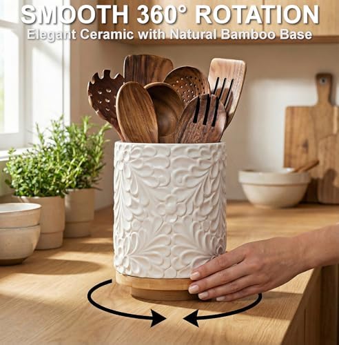 25DOL 360° Rotating Utensil Holder, 8.3-Inch Ceramic Crock with Bamboo Base