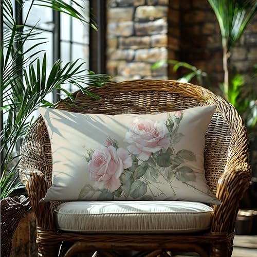 French Country Pink Rose Floral Pillow Cover 12x20 Double-Sided, Vintage Pink Flower Decorative Lumbar Throw Pillow Cover for Home Bedroom Living Room