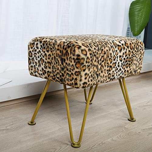 Leopard Print Rectangle Ottoman 19"x13"x17" Faux Fur Entryway Bench Footrest Stool Accent Seating Cheetah Furry Ottoman Bedroom Vanity End of Bed for Bathroom Living Room Decor