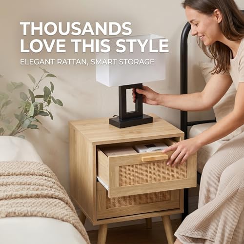 Finnhomy Nightstand, End Table, Side Table with 2 Hand Made Rattan Decorated Drawers, Wood Accent Table with Storage for Bedroom, Natural (Patented)