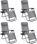 Sweetcrispy Zero Gravity Chairs, Set of 4 Portable Recliner Beach Camping Patio Outdoor Folding Lounge Chair with Cup Holder Trays and Adjustable Pillow for Poolside, Garden, Backyard, Lawn, Grey