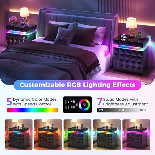 Dystler LED Night Stand Set 2 with Charging Station, Lockable Hidden Drawer