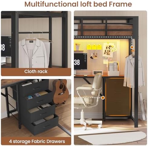 Loft Bed Twin Size with L Shape Desk,4 Drawers,3-Tier Storage Shelves Metal Loft Bed Frame with Power Outlet and LED Lighted,No Box Spring Needed,Space-Saving,Noise Free (Brown & Black, Twin Size)