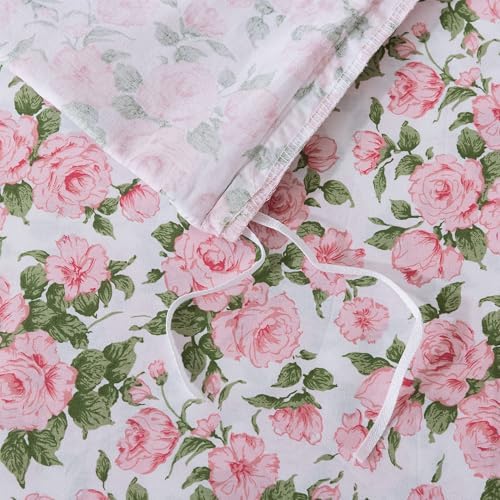 FADFAY Duvet Cover Set Queen Pink Rose Floral Bedding Vintage Peony Flower Quilt Cover Set Shabby Farmhouse Bedding 100% Cotton Ultra Soft Comforter Cover with Hidden Zipper Closure 3Pcs, Queen Size
