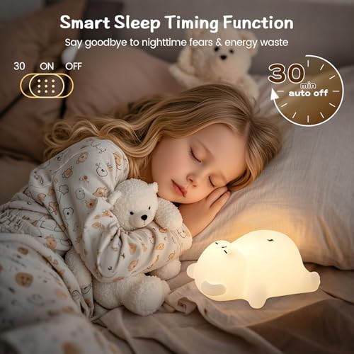 Snoring Bear Night Light – Adorable Gift for Kids, Babies, Moms & Seniors – Soft Silicone Sleep Lamp with Sound, 3 Brightness Levels, 30-Min Timer – BPA-Free Bedside Nightlight