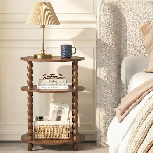 3-Tier Oval Side Table, Small End Table with Solid Wood Spindle Legs Brown