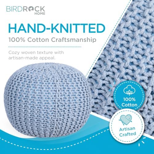 BIRDROCK HOME Round Pouf Ottoman Foot Rest, Soft Blue, 18.5”x18.5”x15”