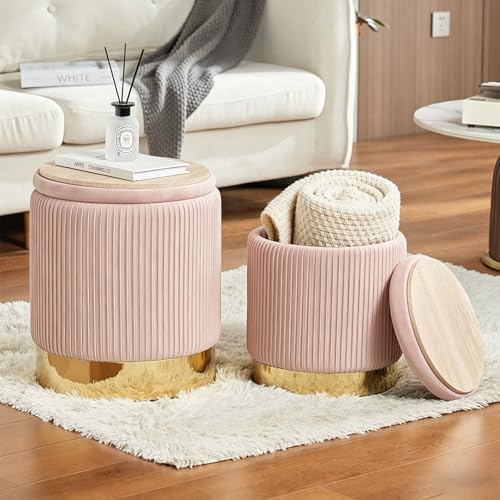 Round Ottoman with Storage Set of 2 Pink Velvet Vanity Stool