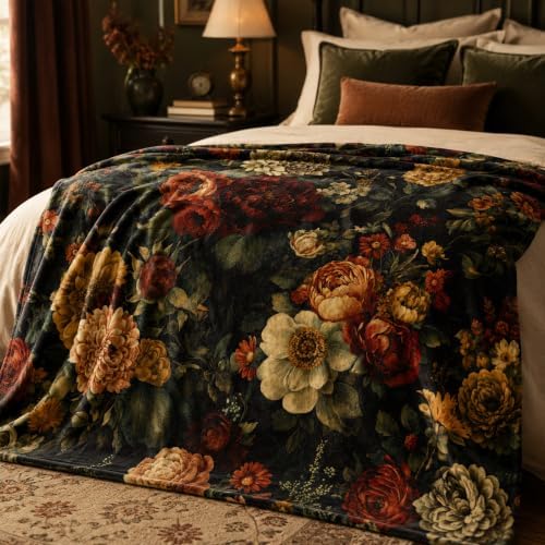 Vintage Floral Blanket, Dark Botanical Flannel Throw 50x60 Inch