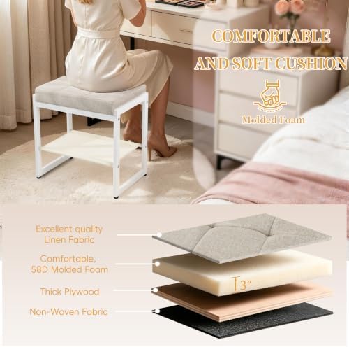 Vanity Stool, Vanity Chair Stools with a Lower Storage Shelf, Square Linen Upholstered Ottoman Bench for Bedroom, Living Room, Small Modern Metal Legs Makeup Chairs, Linen Beige&White