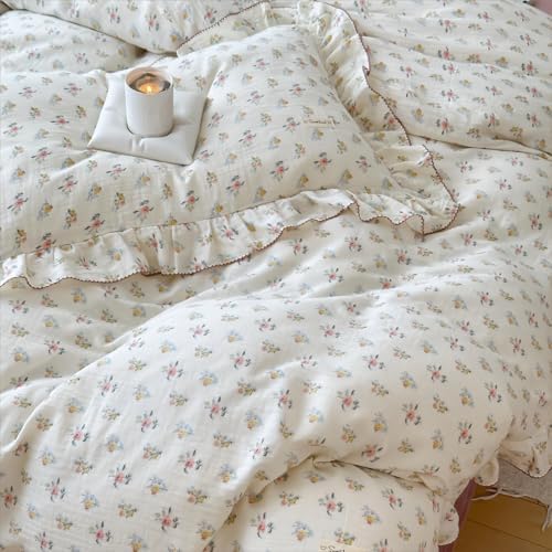 BuLuTu Cotton Muslin Kids Duvet Cover Set Twin Size, Shabby Chic Azalea Floral Comforter Cover with Ruffles, Kids Teens Girls Boys Bedding Set, Soft Lightweight Quilt Cover with 2 Pillowcases