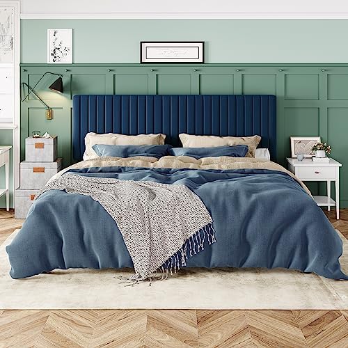 Allewie King Bed Frame, Velvet Upholstered Platform Bed with Adjustable Vertical Channel Tufted Headboard, Mattress Foundation with Strong Wooden Slats, Box Spring Optional, Easy Assembly, Navy Blue