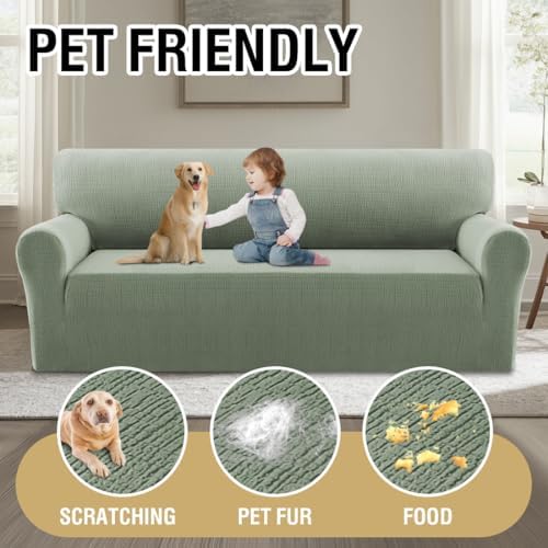 H.VERSAILTEX Jacquard Sofa Slipcover with Waterproof Seat Furniture Protector 1 Piece Stretch Sofa Covers with Elastic Bottom for Kids, Pets, Dog(Sofa L, Sea Grass)
