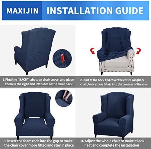 MAXIJIN Wingback Chair Covers 1-Piece Stretch Wing Chair Covers Soft Thick Wingback Armchair Slipcover Non-Slip High Back Chair Furniture Protector Washable (Wing Chair, Navy Blue)