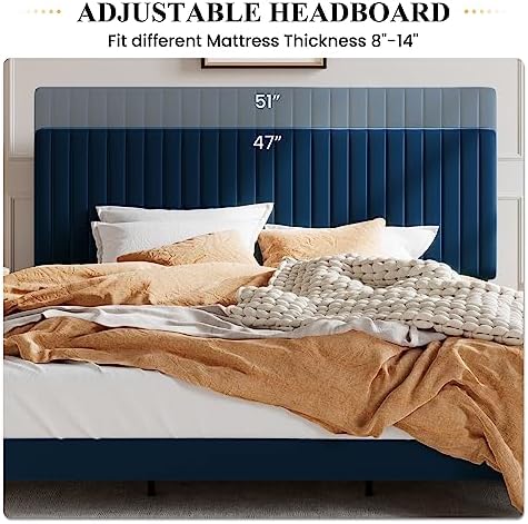 SHA CERLIN King Upholstered Platform Bed Frame with Vertical Channel Tufted Velvet Fabric Adjustable Headboard, Wooden Slats Support, Mattress Foundation, Box Spring Optional, Blue