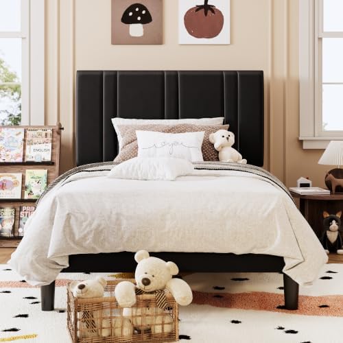 SHA CERLIN Twin Size Velvet Bed Frame with Adjustable Headboard, Black