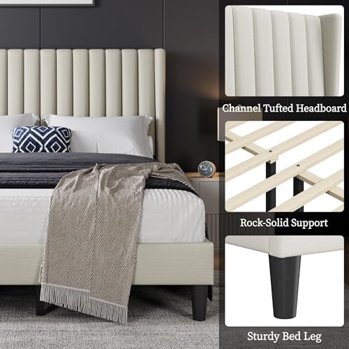Yaheetech Full Bed Frame with Headboard, Ivory Channel-Tufted Platform