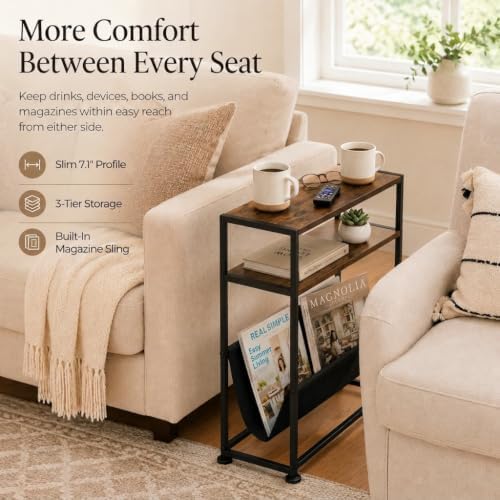 Narrow End Table with Magazine Rack, 2-Tier Slim Side Table for Small Spaces, Industrial Nightstand with Storage Sling for Living Room, Couch and Bedroom, Rustic Brown