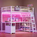 ADORNEVE Gaming Loft Bed Full Size with U-Shaped Desk & RGB Cabinet, White