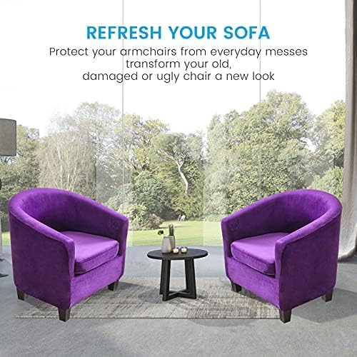 MIFXIN 2 Piece Velvet Tub Chair Covers with Cushion Cover Stretch Soft Removable Tub Chair Slipcovers Armchair Sofa Couch Furniture Protector Cover for Living Room Club Bar Counter (Purple)