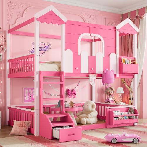 Full over Full House Bunk Bed with Bookshelves & Storage Drawer, Pink