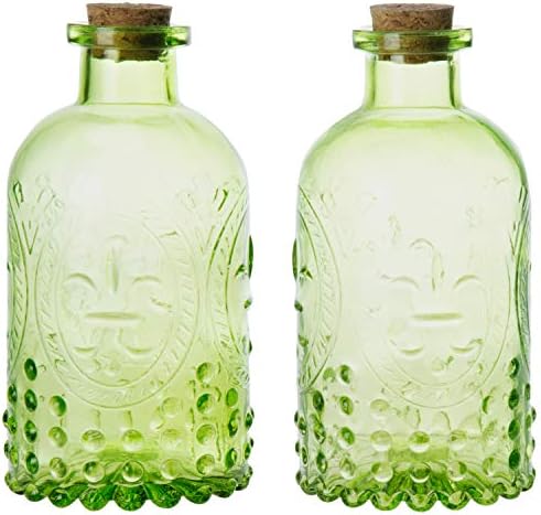 MyGift Vintage Embossed Green Glass Small Reed Diffuser Bottle with Cork Lid, Decorative Flower Bud Vase, Set of 2
