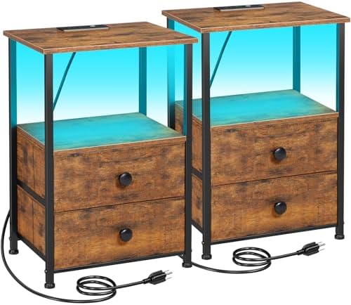 LOAKEKEL Nightstands Set of 2, LED Night Stand with Charging Station