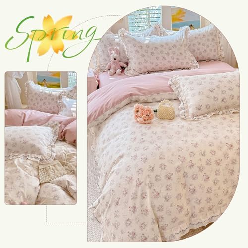 HighBuy French Ruffle Duvet Cover Queen Size,100% Cotton Soft Farmhouse Floral Chic Cottagecore Pink Bedding Set Breathable,Durable Comforter Cover Set - 1 Duvet Cover 2 Pillowcases