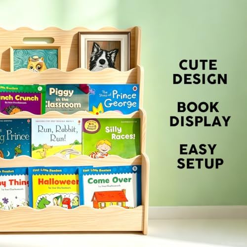 LINMAGCO Scalloped Kids Bookshelf, 4-Tier Montessori Toddler Bookcase, Front-Facing Book Organizer with Handle, Solid Pine Wood, Nursery Book Shelves for Bedroom Playroom Classroom & Reading Corner