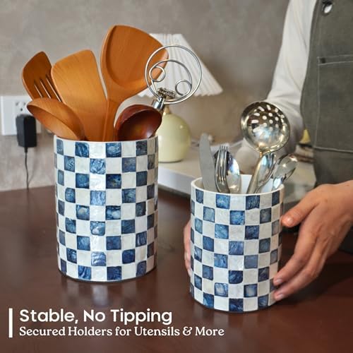 Chi An Home 7.4" + 5.8" Capiz Shell Mosaic Navy Blue Utensil Holders Set 2