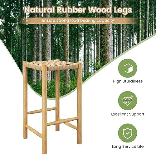 GIANTEX 26" Counter Height Wood Bar Stools Set of 2, Boho Rattan Barstools, Max Load 330 Lbs, Armless Saddle Kitchen Stools, Backless Wicker Bar Stools for Kitchen Counter Indoor Outdoor