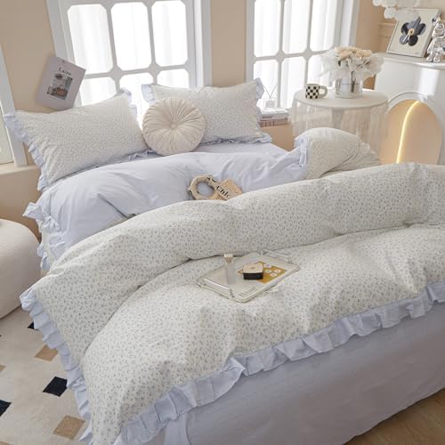 Ruffle Floral Duvet Cover Full Chic Vintage Blue Flower Duvet Cover Girls Romantic Lace Comforter Cover Cotton Floral Botanical Bedding Cover Cottagecore Flower Comforter Cover with 2 Pillowcases