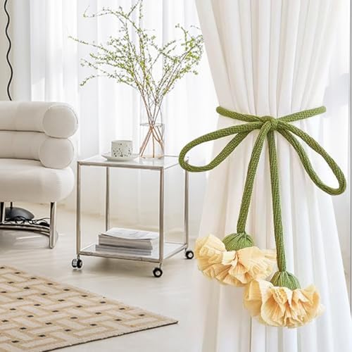 Handmade Curtains Tiebacks, Boho Flower Curtain Tie Backs Curtain Holder Tie Backs for Curtains Braided,Cute Flower Curtain Ties Decorative Rope for Bedroom Window Treatment (Light Yellow)