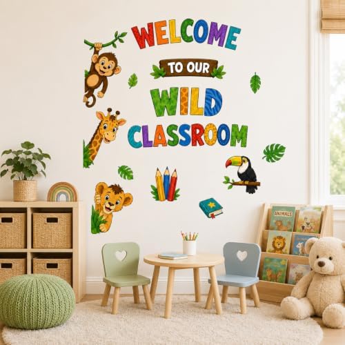 Zoo Animal Wall Stickers PVC Jungle Animal Wall Decals Tiger Elephant Giraffe Lion Monkey Peel and Stick Wall Decor for Nursery Playroom Bedroom Classroom Kindergarten