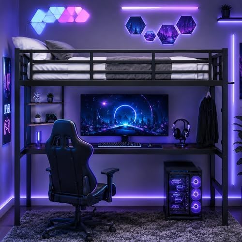 Twin XL Loft Bed with Desk, USB Charging Station, LED Light and 2 Storage Shelves, Metal Heavy Duty Loft Bed Twin Size for Adults, Teens, No Box Spring Needed (Black, Twin XL)