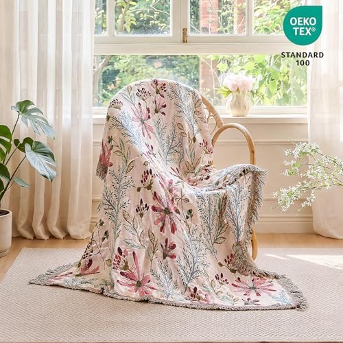 MSGKV Boho Throw Blanket 60"x80" 100% Cotton Floral Blanket for Couch Bed